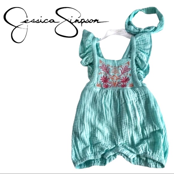NWT Embroidered Blue Tint Romper & Headband Set - Picture 1 of 10